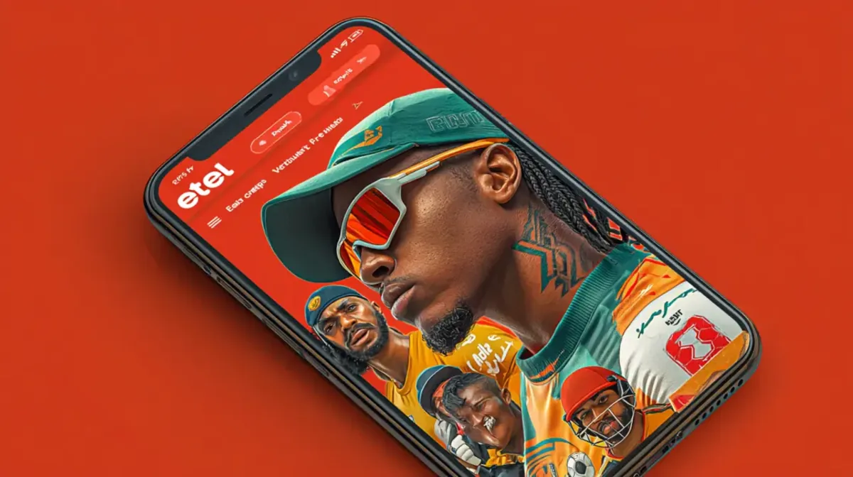 A smartphone tilted on a solid red background displays the interface of an app named etel, featuring a Black man in a green cap and modern sunglasses.