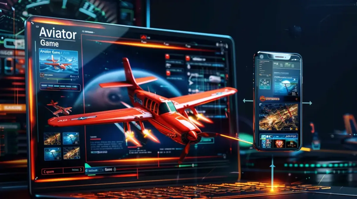Computer and smartphone showing Aviator Game with red aircraft and digital controls representing flight simulator and mobile synchronization