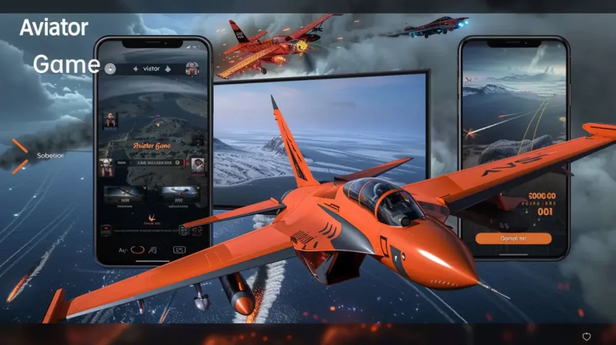 Modern orange fighter jet flying through clouds with Aviator Game displayed on smartphone screens showing aerial battle interface and gameplay visuals
