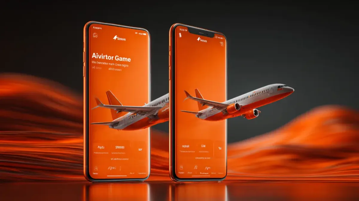 Two smartphones with bright orange Aviator Game interface and a 3D airplane taking off against a flowing orange digital background