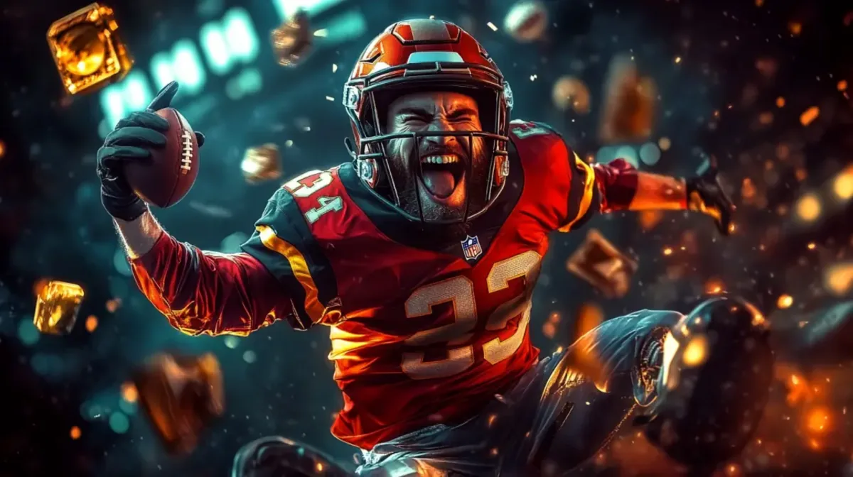 Excited American football player in red uniform celebrating victory with football in hand surrounded by glowing stadium lights and sparks
