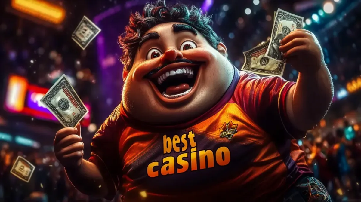 Cheerful cartoon-style man holding cash bills wearing best casino shirt celebrating big win at a lively casino background