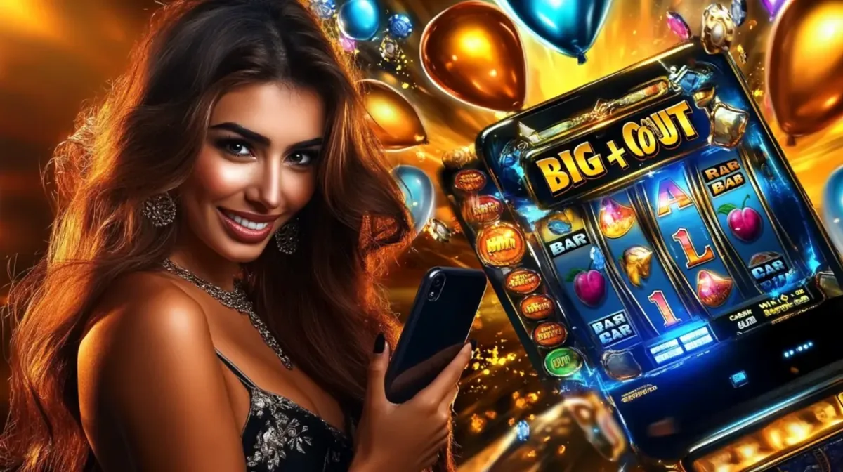 Beautiful woman smiling while holding a smartphone near a bright slot machine with the sign Big Out surrounded by golden balloons in a casino background