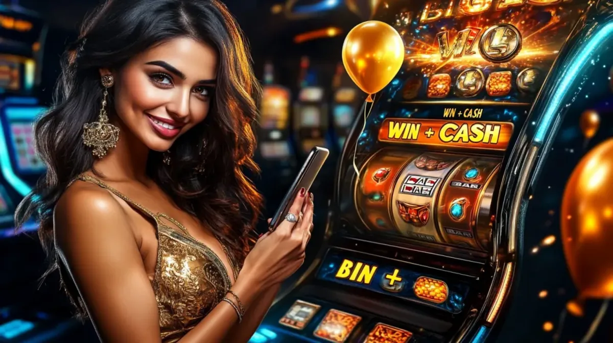 Glamorous woman in golden dress smiling and holding a phone near a slot machine with Win Cash bonus lights and decorations