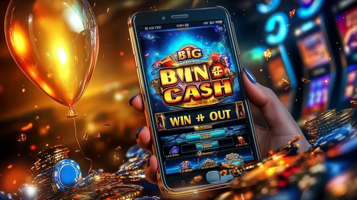 Hand holding a smartphone showing Big Win Cash slot game screen surrounded by glowing coins and chips in a golden casino atmosphere