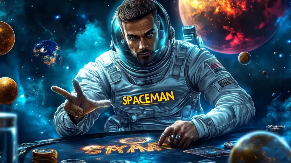 A handsome man in an astronaut suit sits at a glowing gaming table in outer space, with planets in the background, playing the casino game called Spaceman.