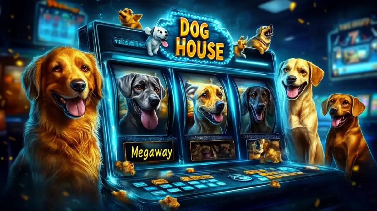 The Dog House Megaway slot machine glows with blue neon light, featuring reels with different dog breeds, and is surrounded by a happy golden retriever and labradors.