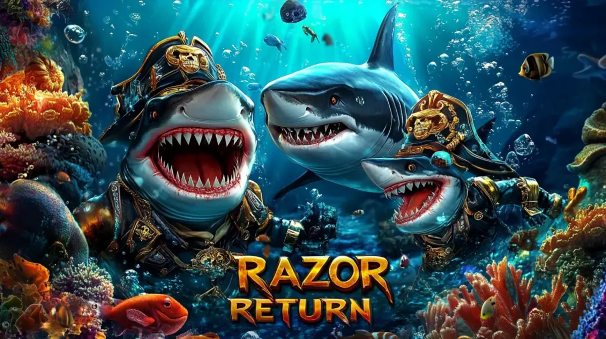 Three menacing sharks dressed as pirates swim through a colorful coral reef, with their sharp teeth bared, in the promotional art for the Razor Return slot game.