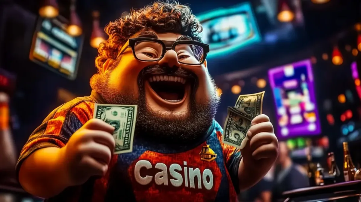 A cheerful cartoon-style man with curly hair and glasses, wearing a jersey that says Casino, laughs heartily while holding up two dollar bills in a casino.