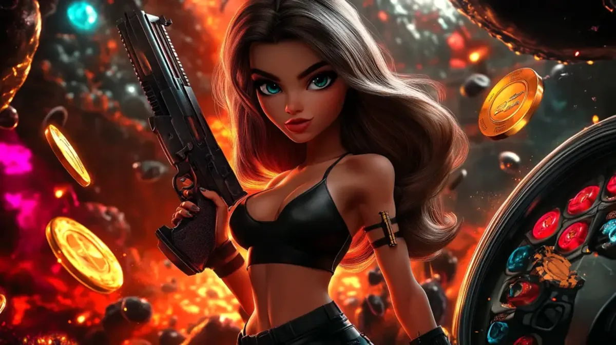 A stylish blonde woman with purple highlights in her hair holds an ornate, gold-framed smartphone displaying a classic slot game with sevens and A symbols.