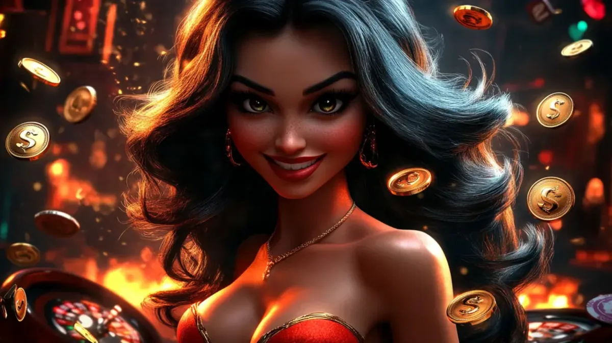 Glamorous woman in red dress surrounded by flying gold coins in luxury casino atmosphere with roulette tables and warm lighting