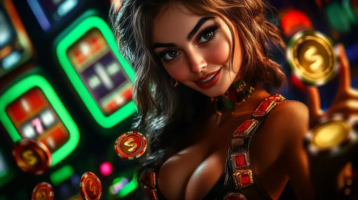 Beautiful woman with brown hair holding golden casino chips smiling at slot machines with glowing green lights in background