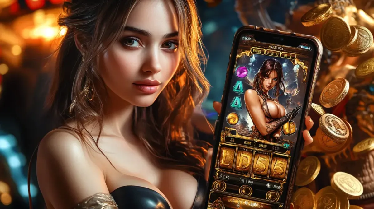 Attractive woman holding smartphone showing slot game with gold theme and animated coins falling in casino background