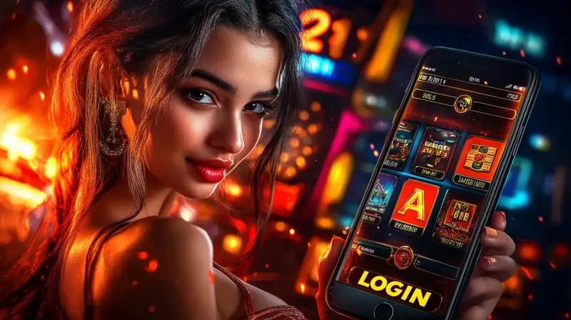 A beautiful woman with her hair in a ponytail looks over her shoulder while holding a smartphone displaying a casino app with a prominent LOGIN button at the bottom.
