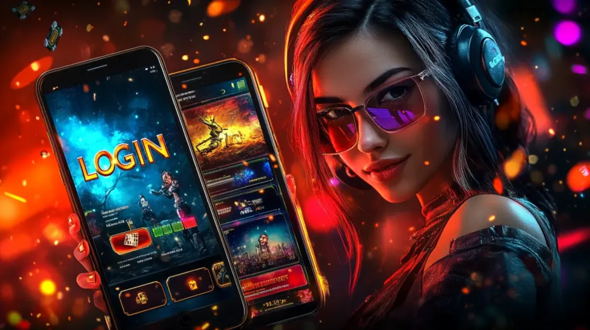 A cool woman wearing futuristic purple sunglasses and headphones holds two smartphones, one showing a login screen and the other displaying a game lobby.