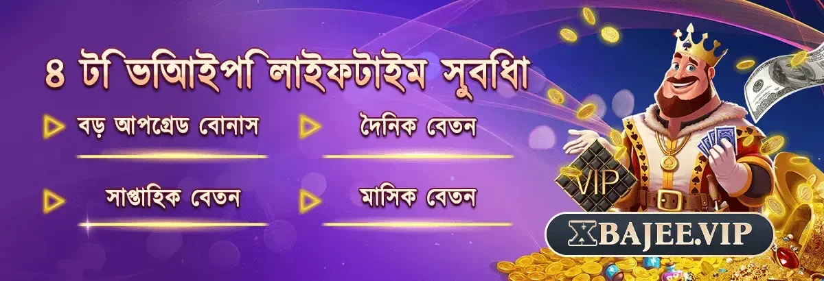 An advertisement for the 4 VIP lifetime benefits at Bajee.vip, including upgrade bonuses and daily, weekly, and monthly salaries. The banner shows a happy king character with cards and money.