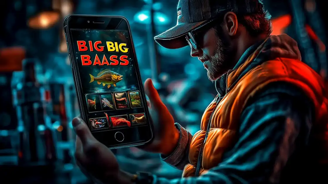 Bearded fisherman in cap and orange jacket playing Big Bass slot game on mobile phone
