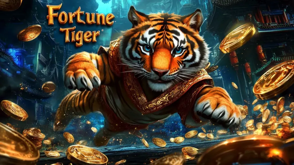 A powerful tiger in ornate golden robes leaps towards the viewer amidst a shower of gold coins in the promotional art for the Fortune Tiger slot game.