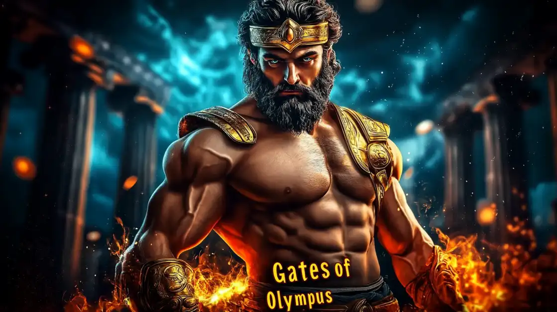 Powerful muscular Zeus warrior with golden crown and armor in Gates of Olympus slot game with flames