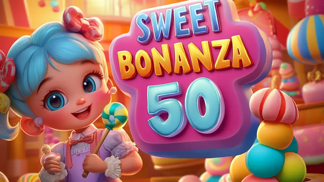 Cute cartoon girl with blue hair and bow in Sweet Bonanza 50 candy slot game with colorful sweets